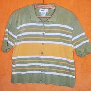 Y2k Button Up Green Short with yellow and white stripes Made in USA